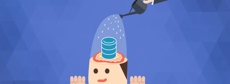 Cartoon watering pot watering a database growing out of a person's head