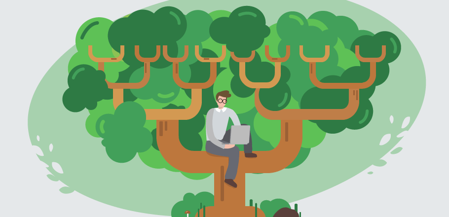 Cartoon person sitting in a binary tree with a laptop